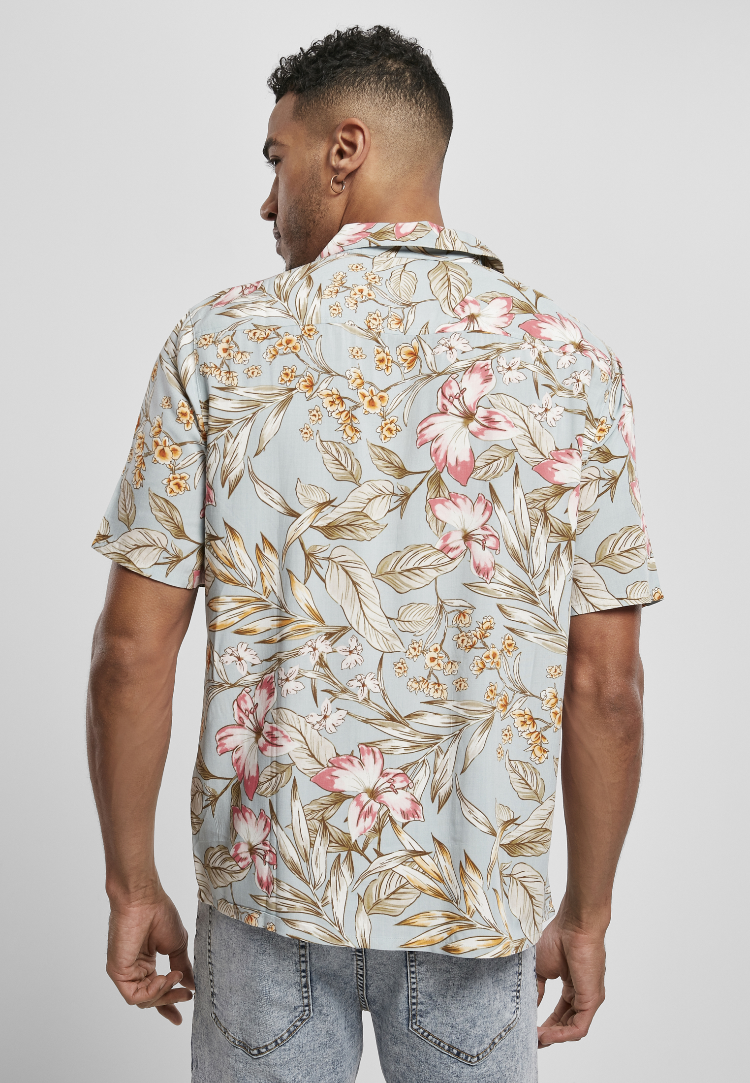UC Men Camicia Viscose Resort lightblue hibiscus