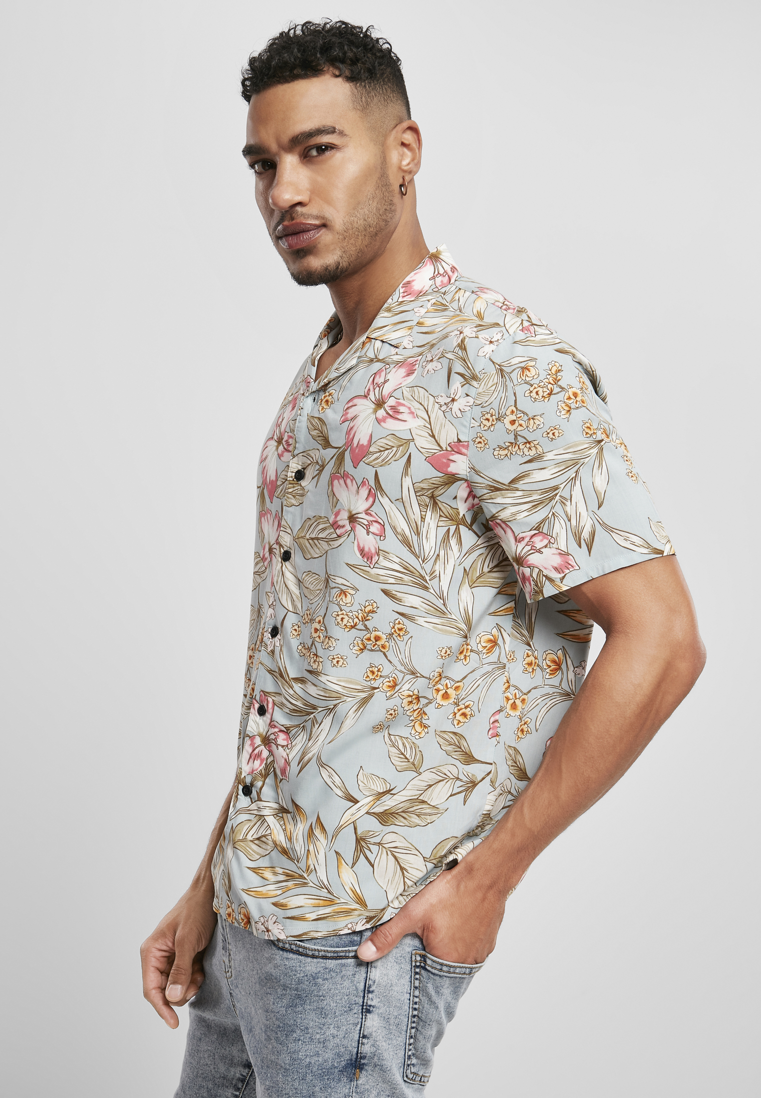 UC Men Camicia Viscose Resort lightblue hibiscus