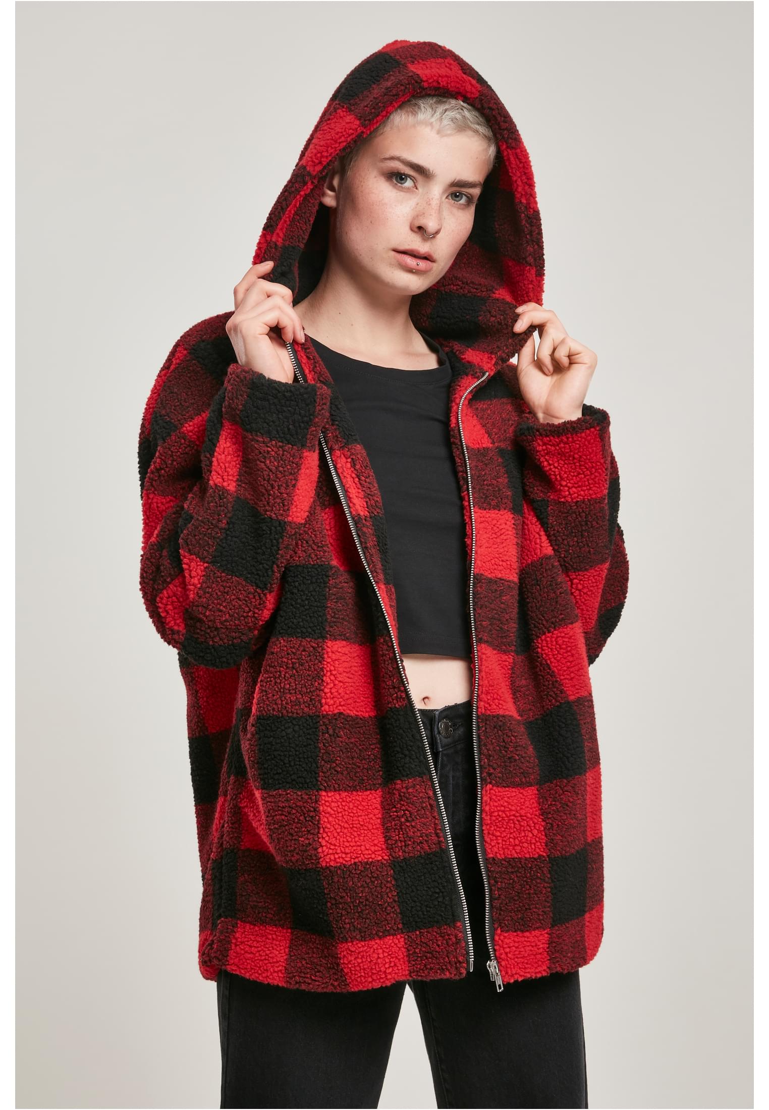 Oversized Sherpa Jacket-TB3056 Check Hooded Ladies
