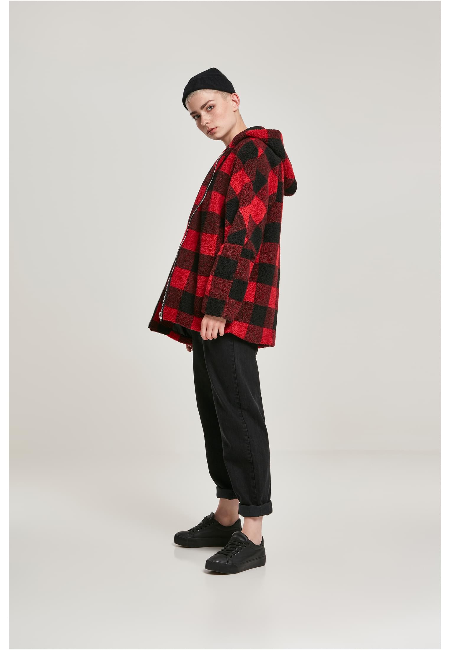 Oversized Ladies Sherpa Check Hooded Jacket-TB3056