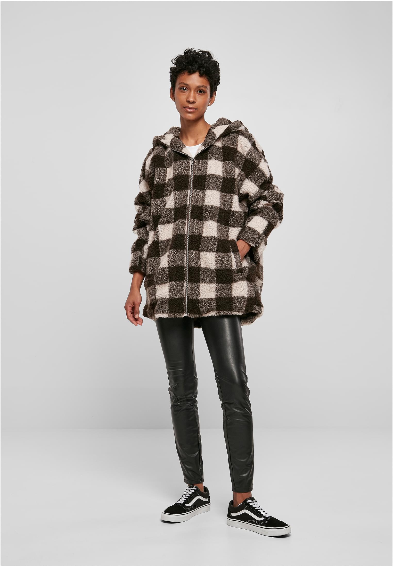 Ladies Check Sherpa Oversized Hooded Jacket-TB3056