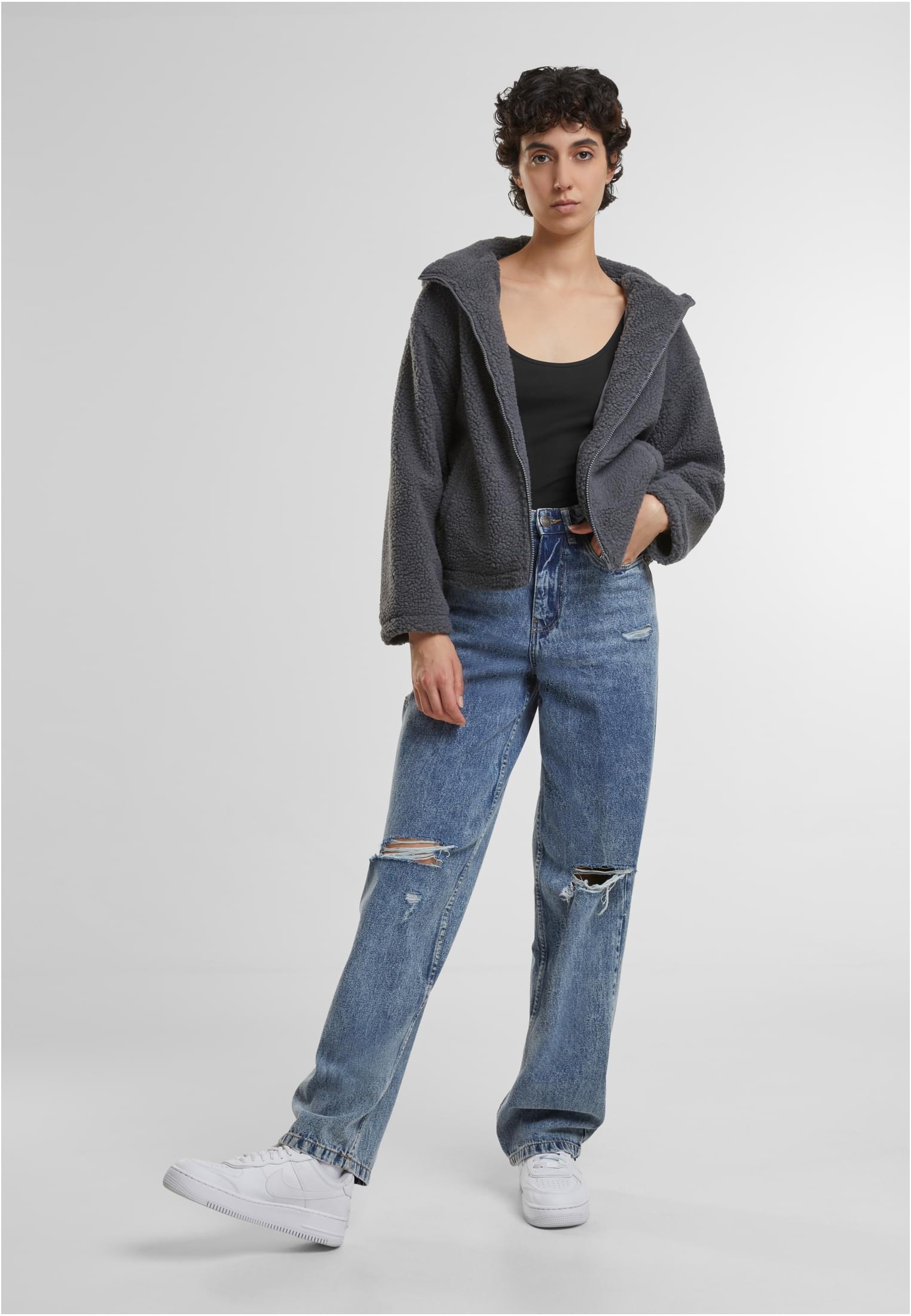 UC Ladies Giacca Short Hooded Sherpa cloudgrey