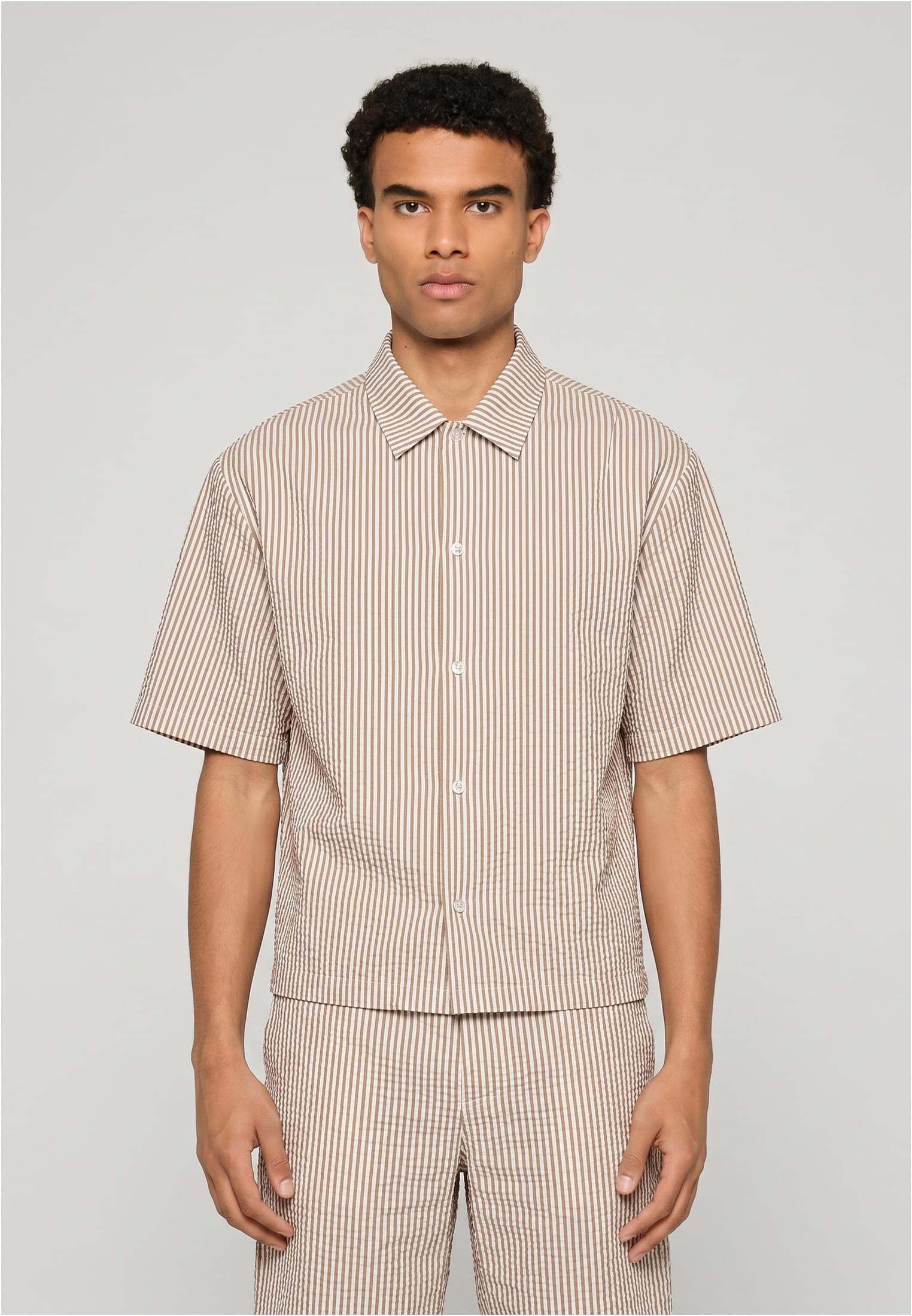 UC Men Camicia Seersucker Short Sleeve brownmocca/white