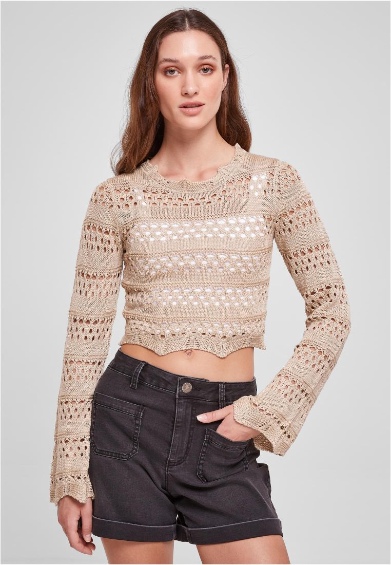 Ladies Cropped Crochet Knit Sweater - Ladies Crewnecks and College Jackets - TTUTB5970 - 301
