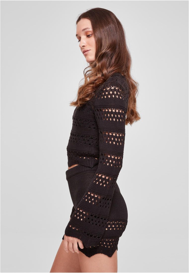 Ladies Cropped Crochet Knit Sweater - Ladies Crewnecks and College Jackets - TTUTB5970 - 35